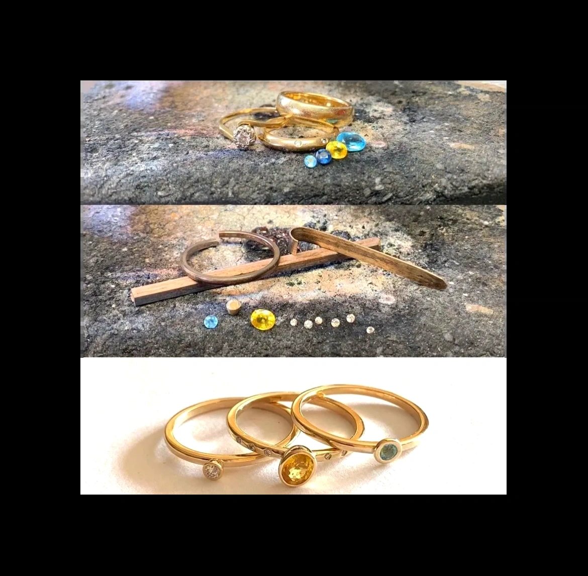 Three bespoke gold rings made at the Jody Cory bench, photographed on Bath stone with the loose sapphires and citrine that were set into them.